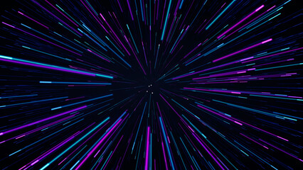 Abstract neon light lines moving fast in dark space creating a glowing tunnel effect for technology background © Mehedi