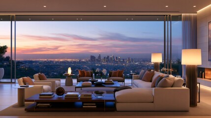 Fototapeta premium Modern luxury living room overlooking los angeles cityscape at sunset