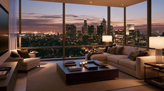 Modern luxury apartment living room overlooking city skyline