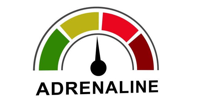 Animated adrenaline meter gauge tachometer speedometer concept with fluctuating needle indicator showing excitement, energy, and performance levels in definition