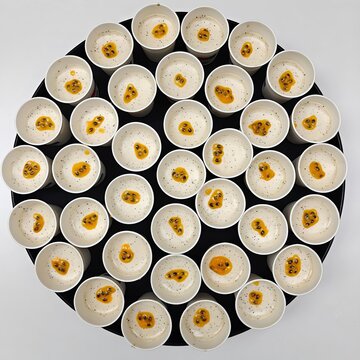 Top down view of creamy vanilla panna cotta desserts topped with fresh passion fruit sauce
