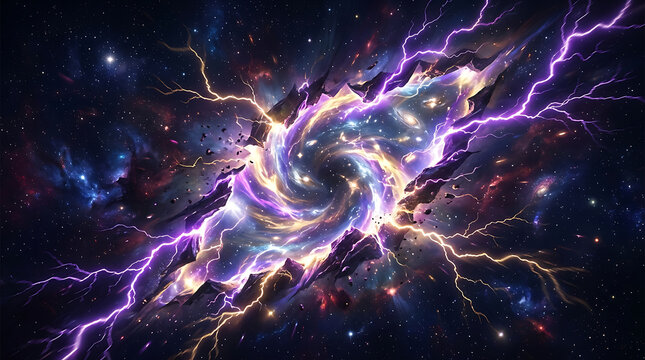 Cosmic energy storm with glowing purple lightning and interstellar nebula vortex