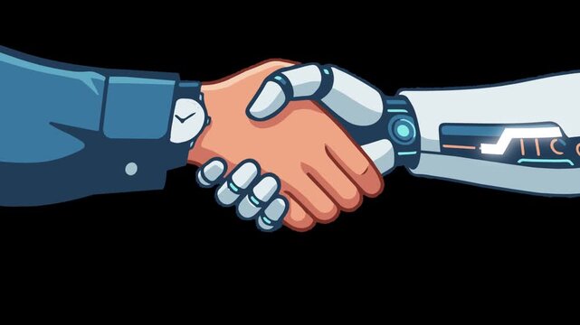 A vector animation depicting a human hand shaking hands with a robotic hand, representing partnership, collaboration, and harmony between humans and artificial intelligence.