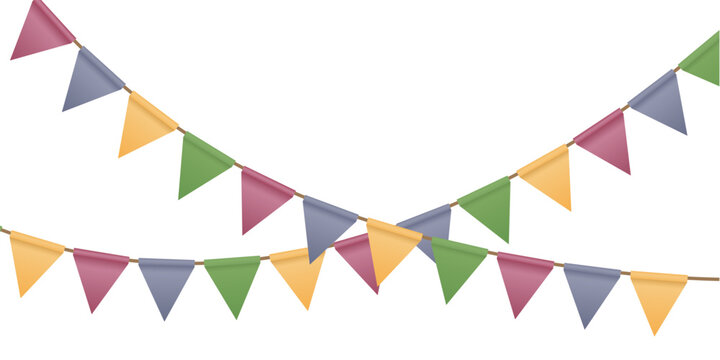 Festive Carnival garlands and bunting. Colorful triangle flags on rope for decoration of party, holiday, event, festive, celebration. Colorful pennants for banner, flyer template Vector design element