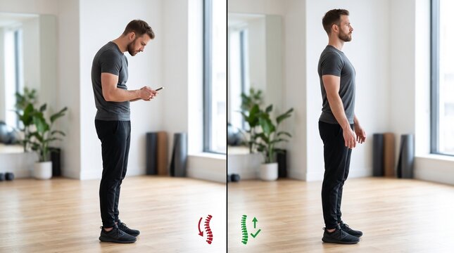 Man comparing poor slouching posture with correct upright standing alignment in studio.