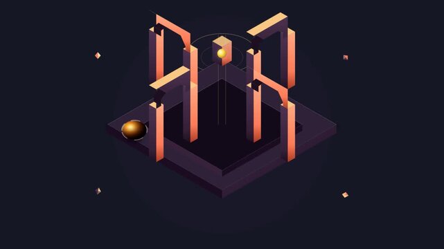 Isometric abstract architectural structure with glowing geometric elements in 3D animation