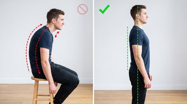 Comparison of bad slouching posture versus good upright spinal alignment for men