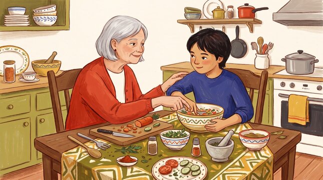 Grandmother and Grandchild Preparing Traditional Food Together