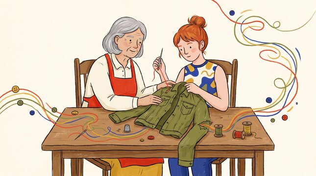 Senior Woman Teaching Clothing Repair Through Creative Sewing