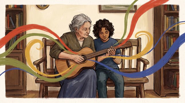 Grandmother Teaching Grandchild to Play Acoustic Guitar