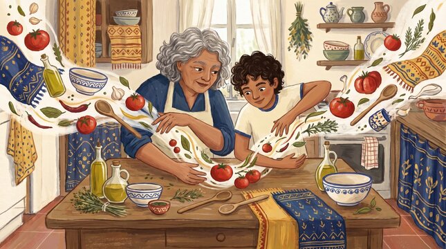 Grandmother and Grandchild Cooking Fresh Pasta Together