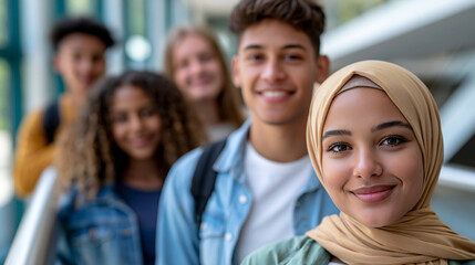 Fototapeta premium Diverse students standing together in a modern classroom, civic education, democracy, human rights, equality, social inclusion, youth participation, future citizens, with copy