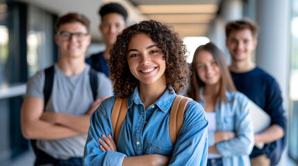 Fototapeta premium Diverse students standing together in a modern classroom, civic education, democracy, human rights, equality, social inclusion, youth participation, future citizens, with copy