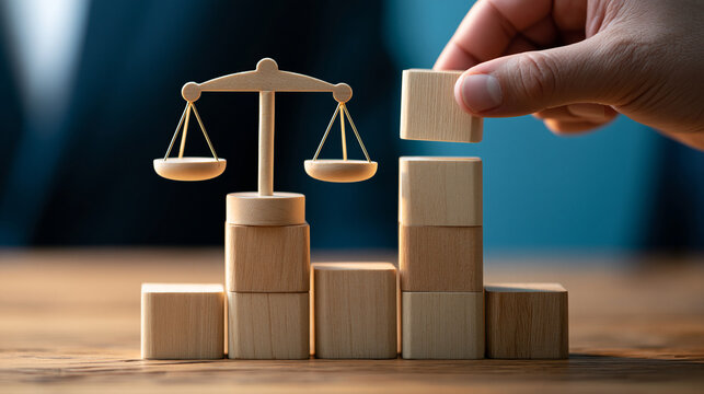 Hand placing a wooden justice scale symbol among workplace blocks, employment law, labor rights, equal treatment, workplace justice, legal protection, equality, with copy space