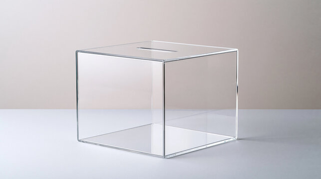 Transparent voting box isolated against a clean neutral background, election, democracy, civic participation, voting rights, ballot, civil liberties, democratic process, with copy