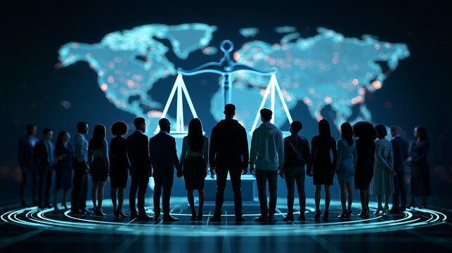Diverse silhouettes standing together in front of a glowing world map with balanced scales of justice, human rights, equality, social justice, global citizenship, fairness,