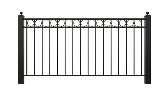 Black metal fence panel with vertical pickets top circular ring accents and side square posts with round finials on transparent background for boundary.