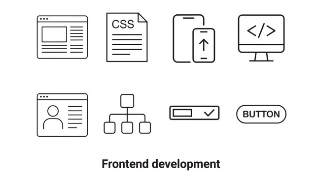 Frontend Web Development Icon Set &ndash; Browser, CSS, Responsive, Button, Sitemap Outline Icons for Tech and UI Design