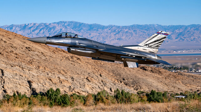 F16 fighter jet flying low above a desert landscape, long shadows across rocky terrain, dramatic banking angle, clear blue sky and distant mountains, realistic aviation photography, ultra photoreali