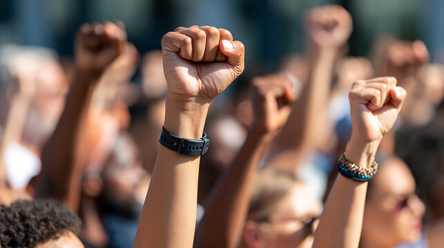 Diverse protesters raising fists in solidarity during a peaceful outdoor demonstration, human rights, social justice, equality, activism, civil liberties, community movement,