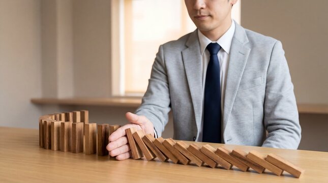 A businessman in a suit stopping falling dominoes, symbolizing risk management and preventing a crisis