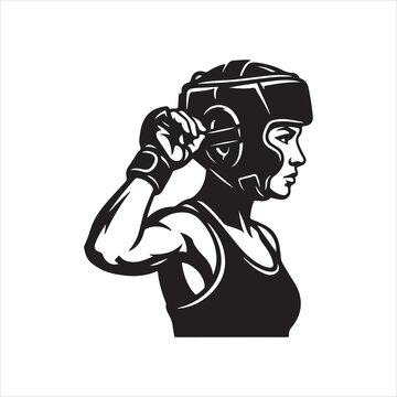 Female boxer wearing protective headgear vector graphic