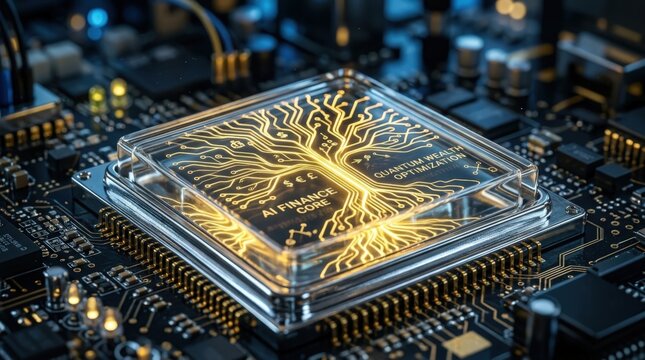 Glowing AI finance core chip on circuit board for quantum wealth optimization