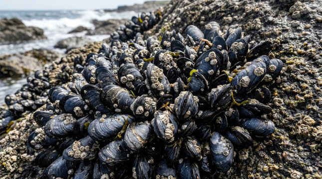 Wild blue mussels covered in barnacles on coastal rocks, sustainable seafood sourcing and marine ecology