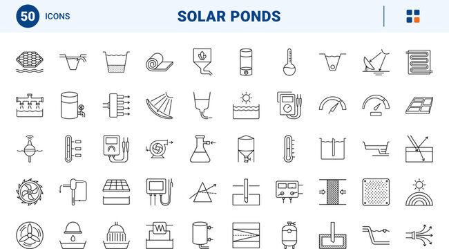 Solar pond technology line icon set. Vector pictograms of thermal storage, brine salinity, heat exchange, and renewable energy elements, thin linear illustration.
