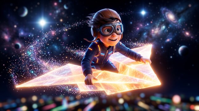 Cute boy aviator illustration riding a glowing paper airplane showcasing cosmic space background, glowing star trail and adventurous play, concept for childhood dreams and creative imagination