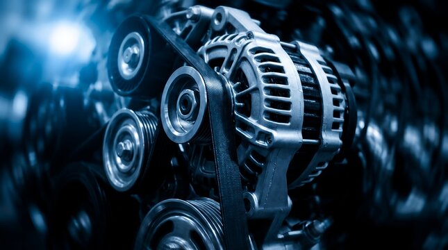 Modern car engine mechanical assembly showing alternator unit, drive belt mechanism and pulley system, concept for automotive engineering and vehicle maintenance