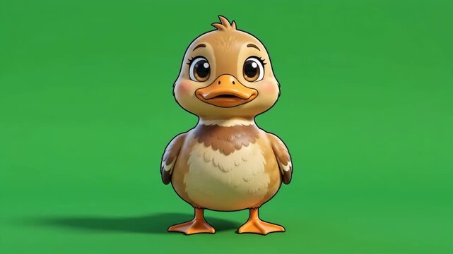 Cute little baby duckling standing on a vibrant green background, adorable cartoon character with big eyes, sweet and charming waterfowl illustration for children.