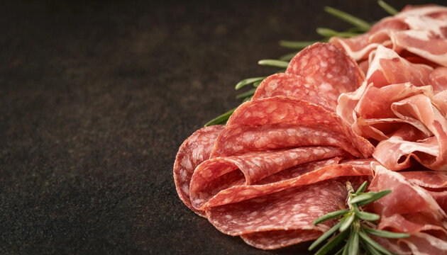 Sliced cured salami and thin prosciutto arranged on a dark surface with fresh rosemary sprigs, leaving space for copy on the left side.