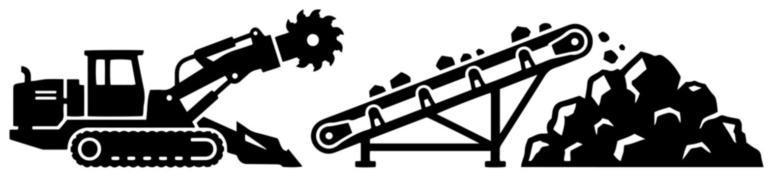 Heavy mining machinery including bucket wheel excavator and conveyor belt with ore pile silhouettes