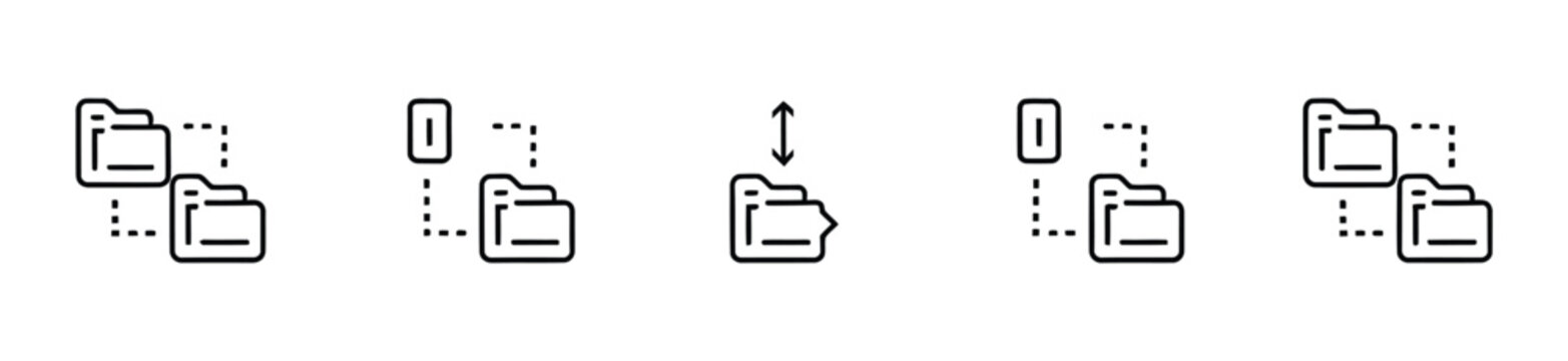 Folder and file transfer icon set featuring document arrows, upload, download and data movement symbols for digital storage, sharing and vector design.