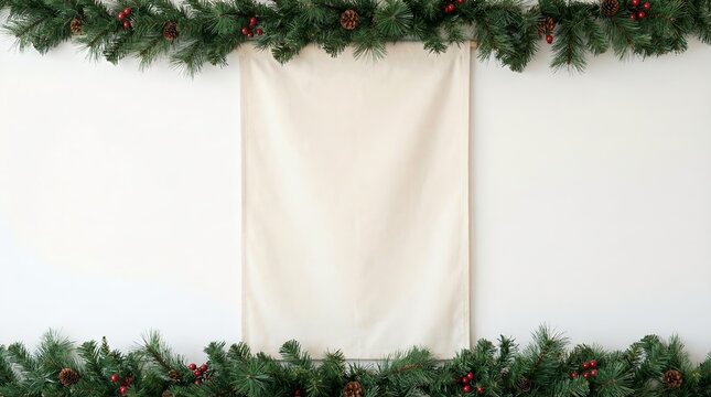 A festive holiday banner hangs on a white wall, framed by lush green fir garlands and pinecones. This empty canvas is perfect for displaying seasonal greetings or event details