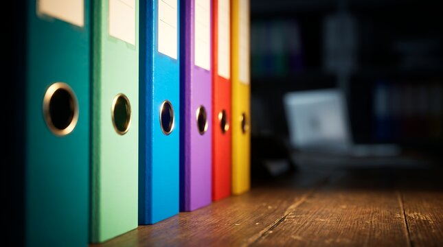 Colorful ring binder folders showcasing organized document storage, vibrant color coding and office archive system, concept for efficient office administration and business data management