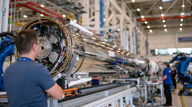 Rocket components moving through a precision assembly line inside a clean aerospace factory, large cylindrical sections, fins and external structures being assembled at consecutive stations, workers