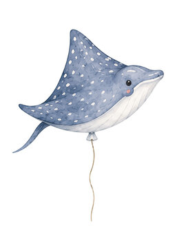 Blue Spotted Eagle Ray Shaped Balloon Watercolor Illustration for Ocean Birthday Party and Nursery Designs