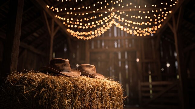 Rustic cowboy hats on a hay stack showcasing warm string lights, wooden barn rafters and cozy glow, concept for country wedding celebration and western party background
