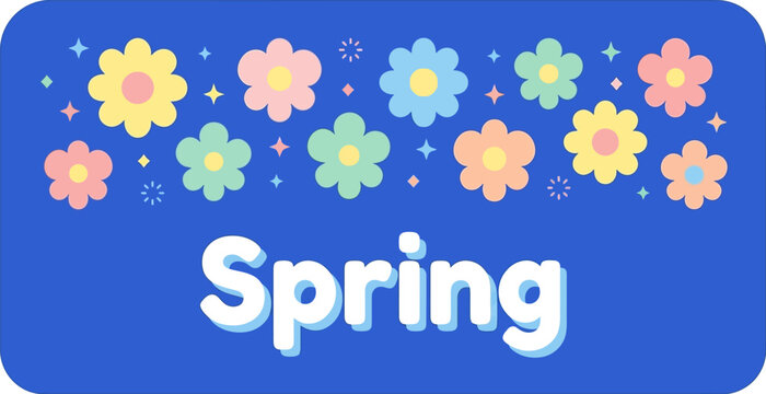 Spring text and colorful flowers decorated on a blue background banner.