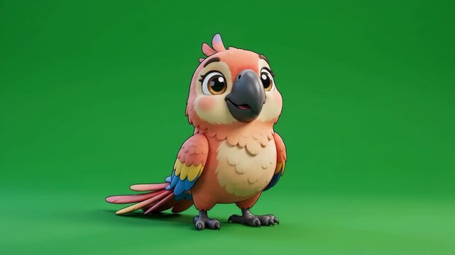 Cute animated baby parrot with colorful feathers and big eyes standing on a green background.
