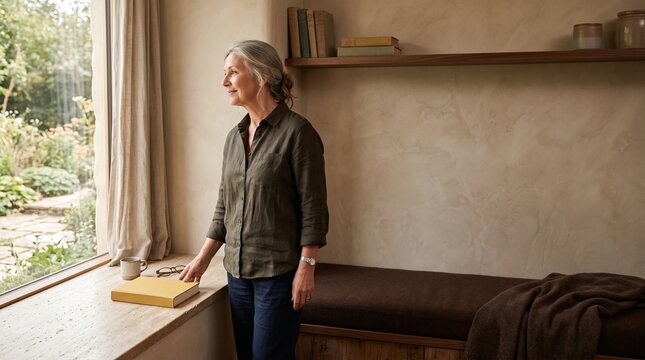 A mature reader settles into a sculptural reading room