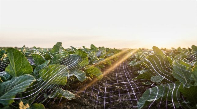 Precision agriculture field at sunrise overlaid with glowing digital topographical grid representing modern farm management and smart crop monitoring