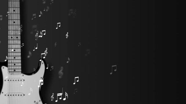Electric Guitar with Flying Music Notes Animation, Black and White Musical Concert and Rock Songs Social Media Video Streams Motion Background