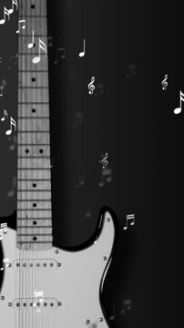 Electric Guitar with Flying Music Notes Animation, Black and White Musical Concert and Rock Songs Vertical Social Media Video Streams Motion Background