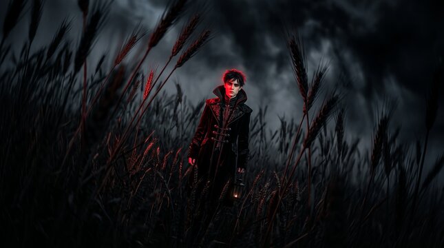 Dark fantasy gothic man standing in wheat field featuring dramatic red glow, ornate dark costume and moody stormy atmosphere, concept for gothic mystery storytelling and horror theme