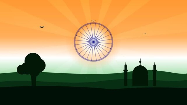 Indian Independence Day and Republic Day Landscape Background with Ashoka Chakra Sun Rays and Tricolor Concept