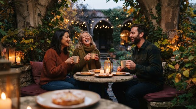 Friends linger over dessert in a golden garden loggia