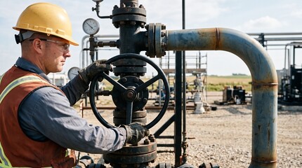 Fototapeta premium Engineer controls a carbon injection wellhead under hard sun